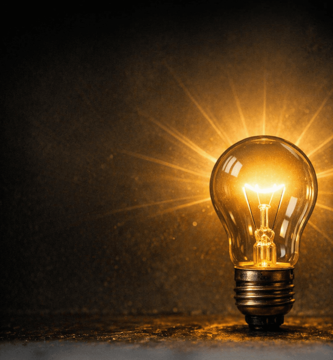 Glowing lightbulb with warm golden light rays on a dark background